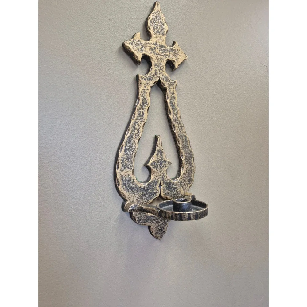 Vintage Gothic Cast Metal Wall Sconce Candle Holder Fleur De Lis Gold Black 17